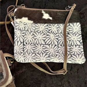 Brown and White Floral Pattern Crossbody Bag